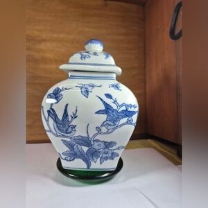 Antique Chinese Jar / Urn Floral White & Blue Birds Butterflies Dechang Ceramics